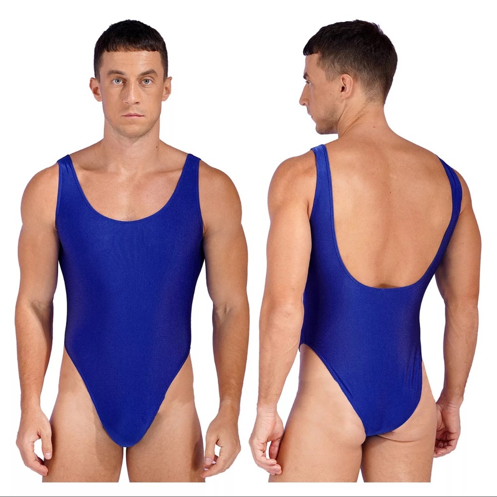 Mens One Piece Sleeveless Bodysuit High Cut Leotard Stretchy Jumpsuit Swimwear